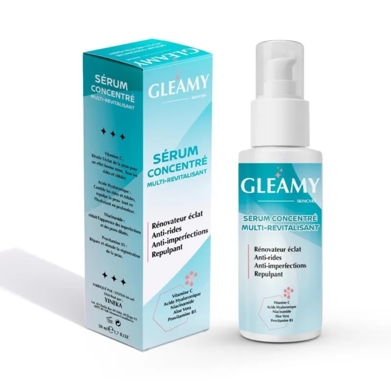 Sublimez Votre Teint avec le Sérum Concentré Gleamy Redécouvrez l'éclat naturel de votre peau avec le Sérum Concentré Multi-revitalisant Gleamy. Formulé avec une combinaison d'ingrédients actifs puissants, ce sérum offre une solution complète pour une peau hydratée, radieuse et revitalisée. Grâce à sa texture légère et non grasse, le Sérum Concentré Gleamy pénètre rapidement dans la peau, offrant une sensation de fraîcheur immédiate. Il hydrate en profondeur, réduit l'apparence des rides et ridules, et illumine le teint. Offrez à votre peau le soin qu'elle mérite et révélez votre beauté naturelle avec le Sérum Concentré Gleamy